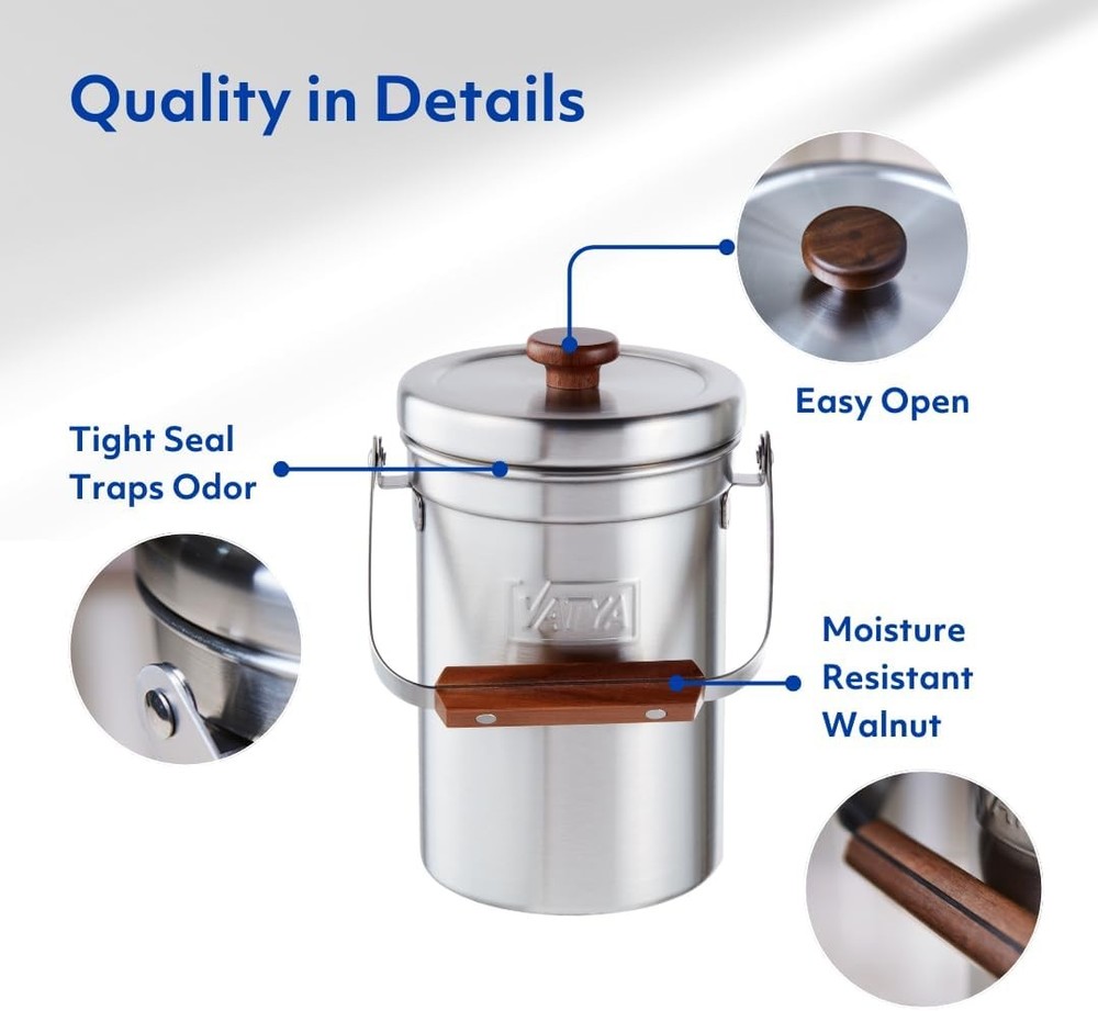 Stainless Steel Kitchen Compost Bin NO Filter Countertop Composter Composting