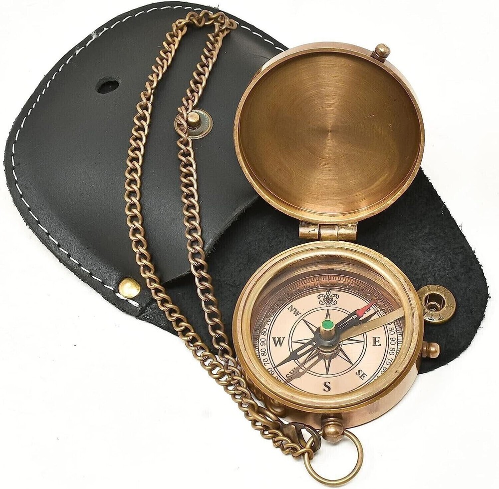 Engraved Personalized Inscription Antique Brass Compass with Leather Case