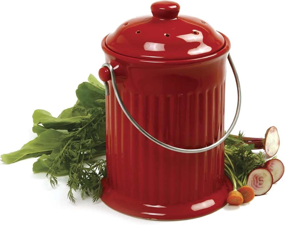 1 Gallon Red Ceramic Compost Keeper with Stainless Steel Handle & Filter