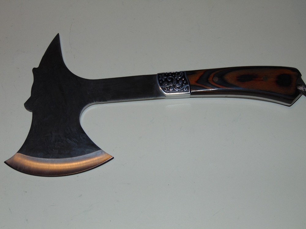 Hatchet With Etched Wolf Face And Wooden Handle
