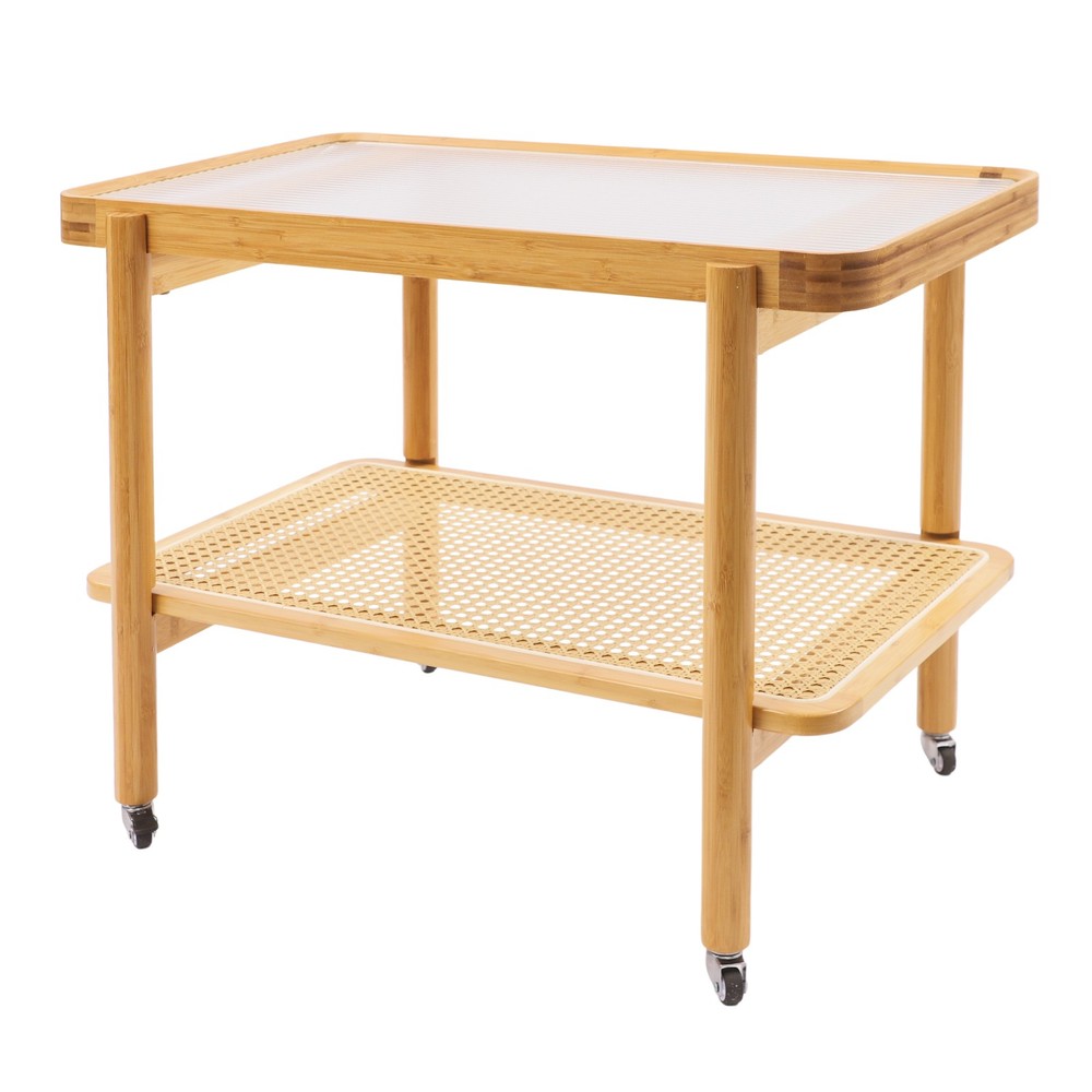 Side Table Nature Rattan Glass End Table 2-Tier with Storage Bamboo Table
