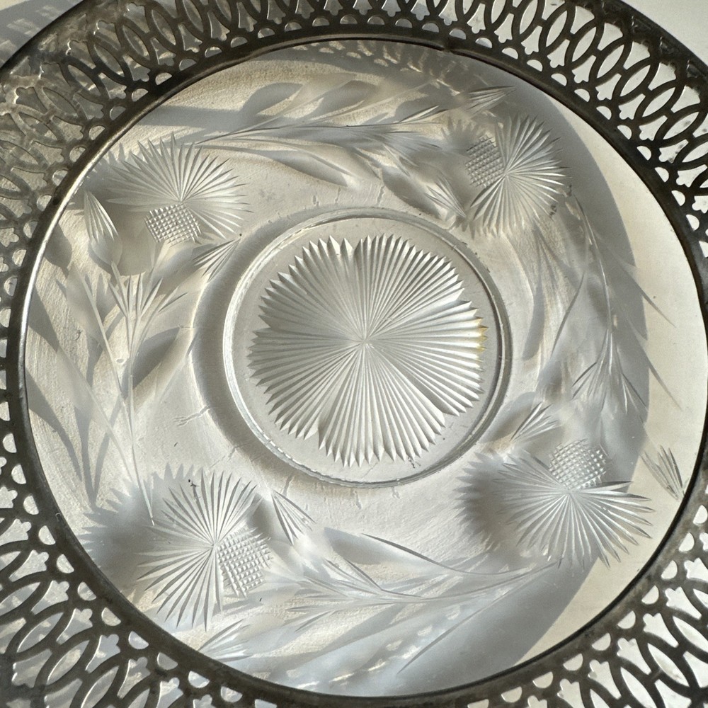Webster Antique Sterling Silver Cut Glass Basket Candy Dish Folding Handle 5"