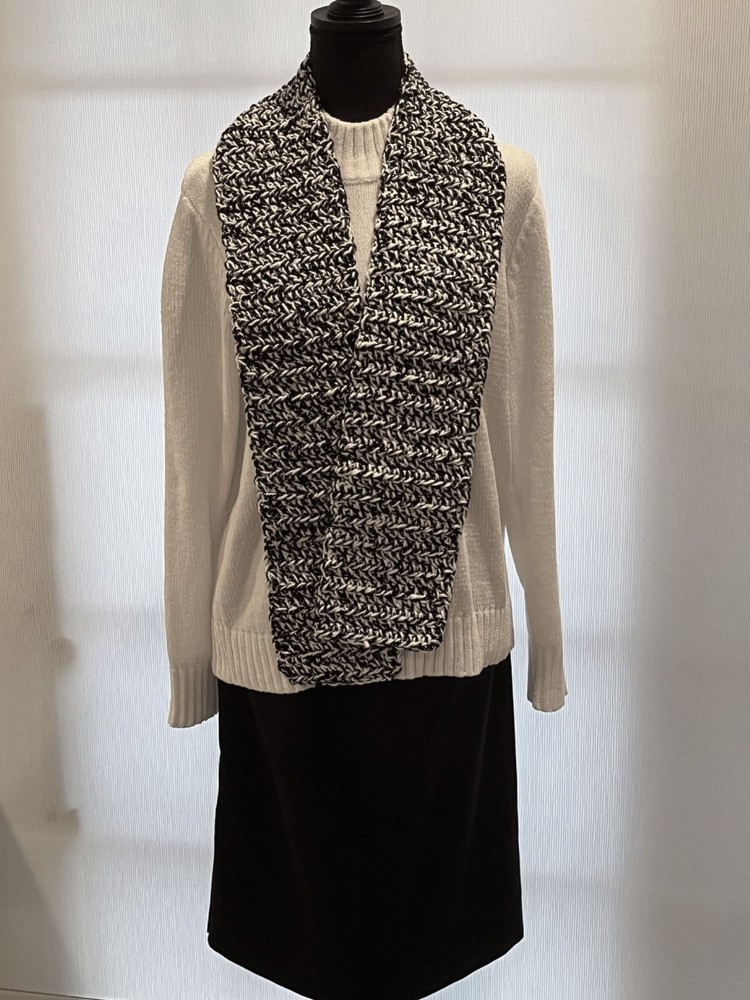 Black and White Crocheted Scarf Brightened with Sparkle Thread