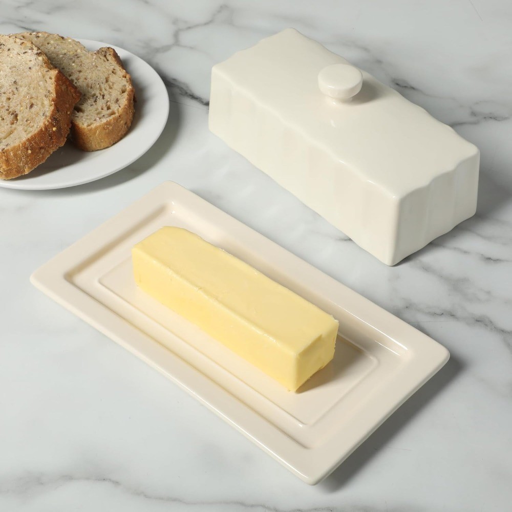 Rectangular Stoneware Butter Dish with Lid Ceramic Butter Keeper Cream Glaze