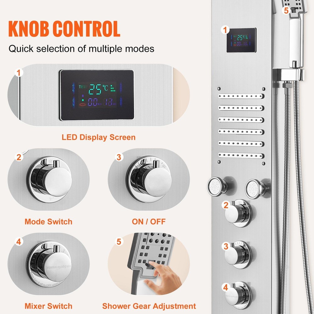 6-Mode LED Shower Panel, Rainfall & Waterfall, 5 Jets, Handheld, SS