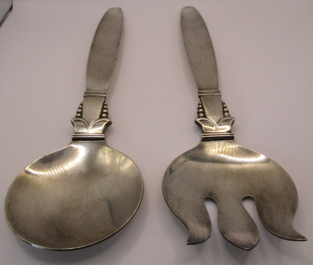 MCM DANISH JEORG JENSEN STYLE SILVER PLATED SALAD SERVER SET