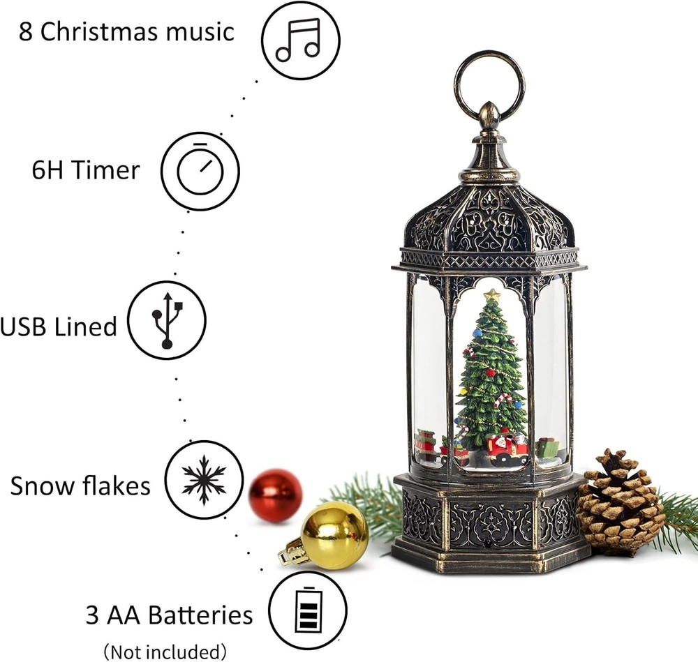 Large Musical Christmas Snow Globe Lantern with Battery-Powered Train & Timer