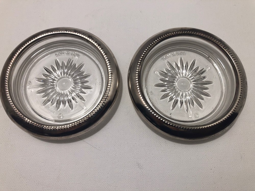 Vtg Leonard Glass Silver Plated Coasters (2) Starburst Design Marked