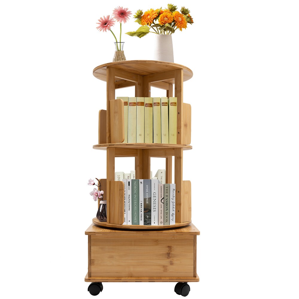 2 Tiers 360?? Rotating End Table Nightstands Bedside Table Bookcase W/ Wheels