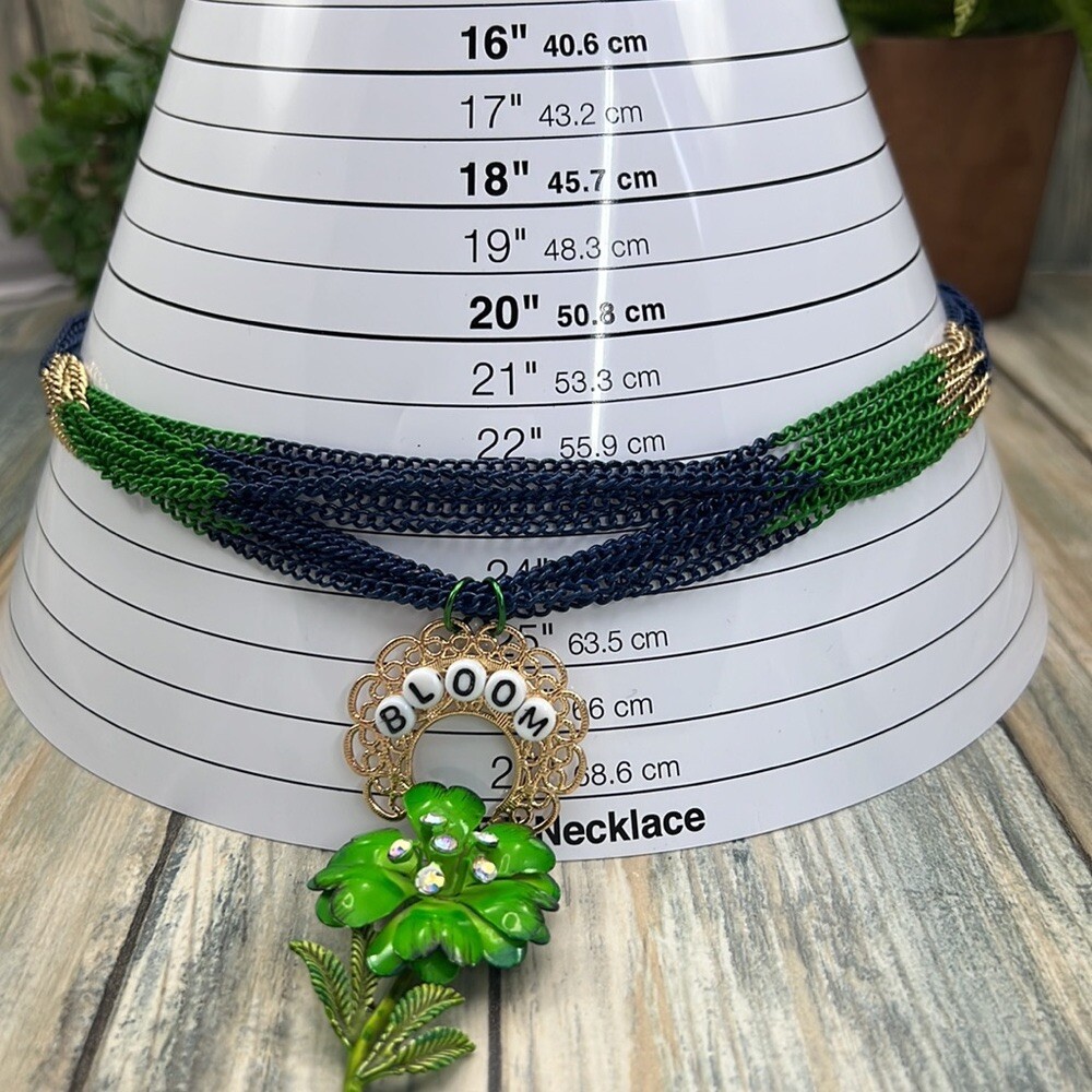 Adorned Crown Artisan Assemblage multi chain enamel flower BLOOM green blue