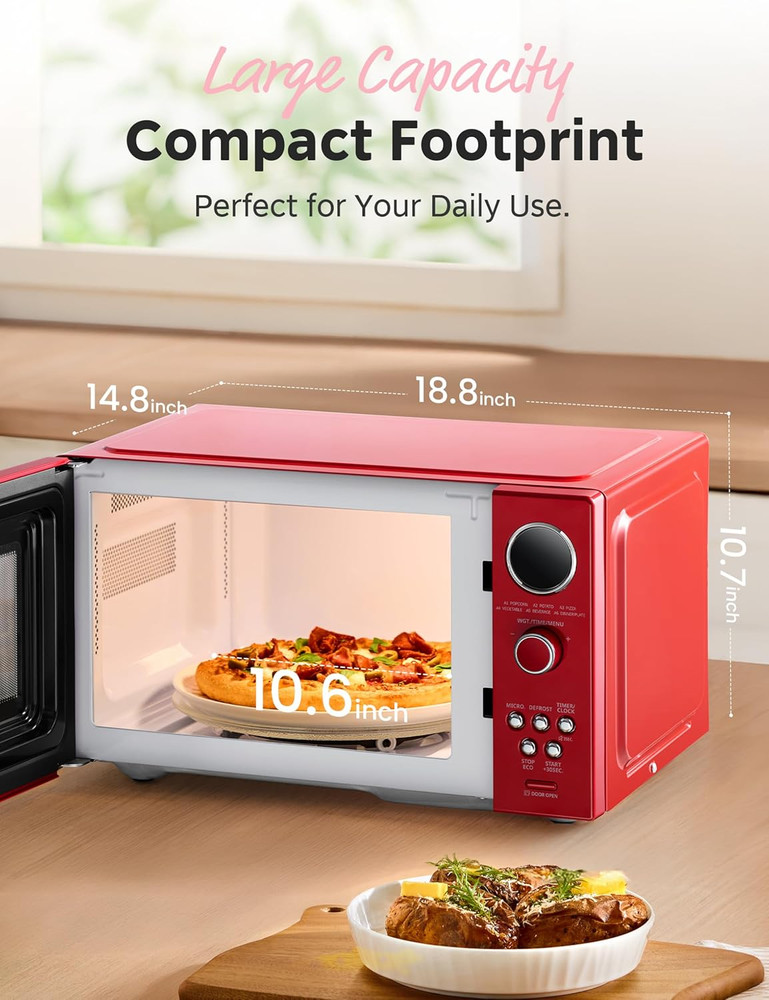 COMFEE Retro 0.9 Cu.Ft Microwave Oven with 9 Presets & Mute Function, Red