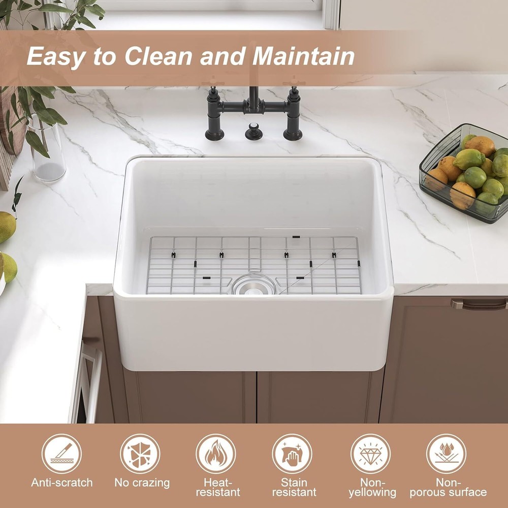 24''White Undermount Fireclay Apron Front Ceramic Drop in Farmhouse Kitchen sink