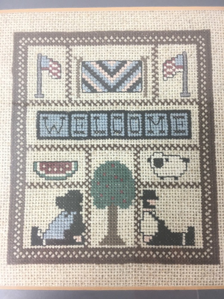 Vintage Framed Cross Stitch Welcome Needlework Sampler Wood Frame Americana