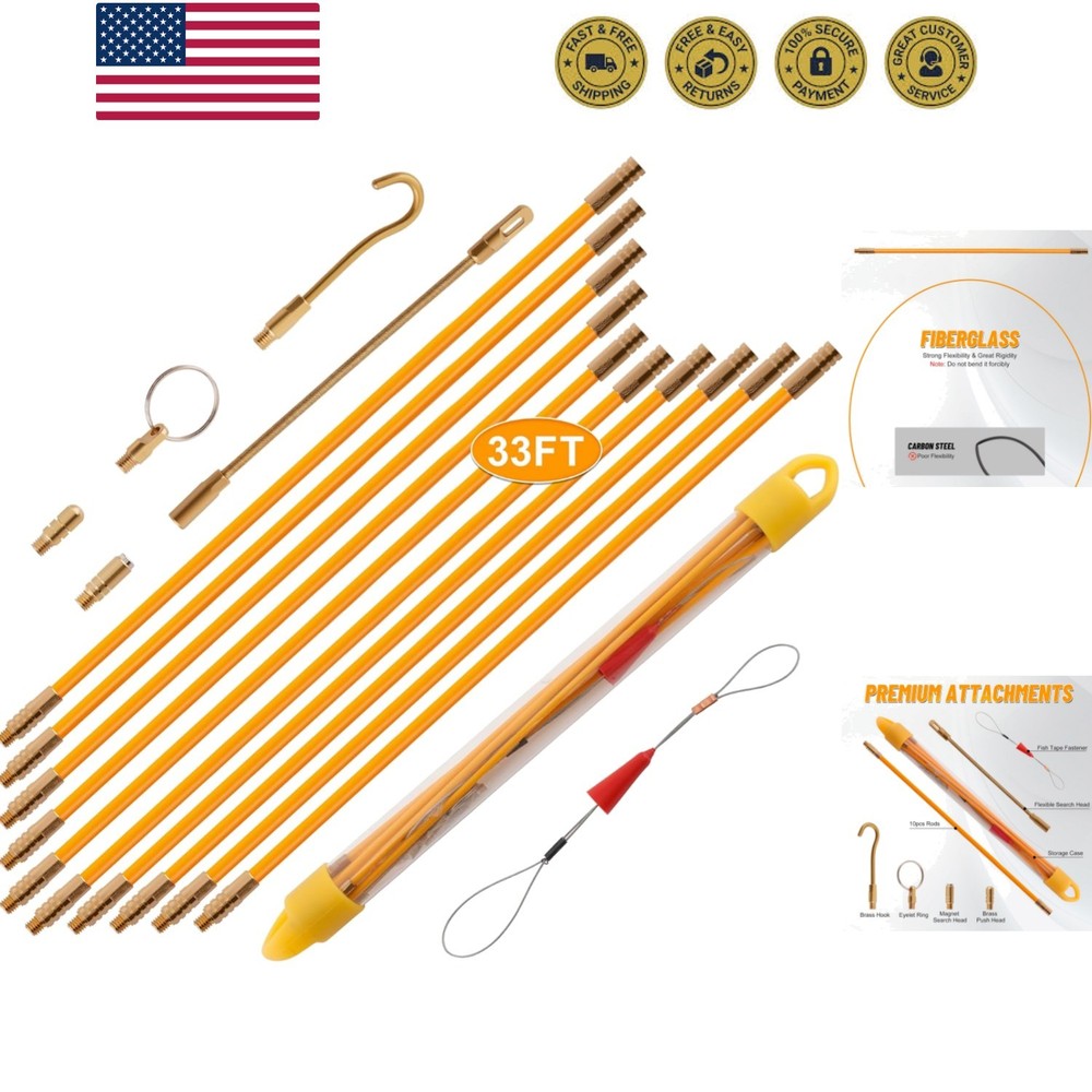 33FT Fiberglass Running Electrical Wire Cable Glow Rods Wire Pulling Tools Fi...