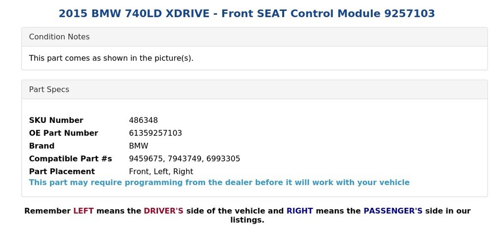 2015 BMW 740LD XDRIVE - Front SEAT Control Module 9257103