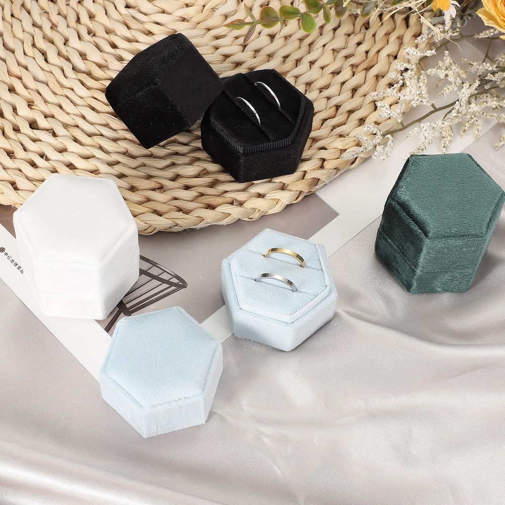Velvet Ring Box, Hexagonal Ring Box Storage 2 Slots Ring Holder Box (White)