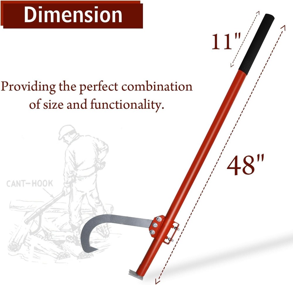 Cant Hook - 48" Wood Log Moving Tool With Adjustable Hook & Rubber Grip Handle