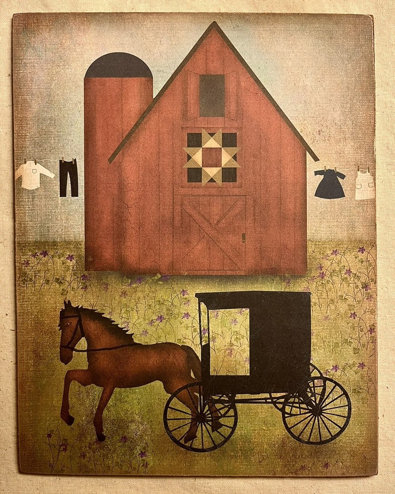 Primitive Folk Art Red Barn, Amish Buggy, Handcrafted Plaque / Sign