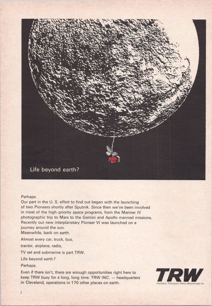 TRW 1966 Vintage Print Ad Space Programs Life Beyond Earth Mars Moon