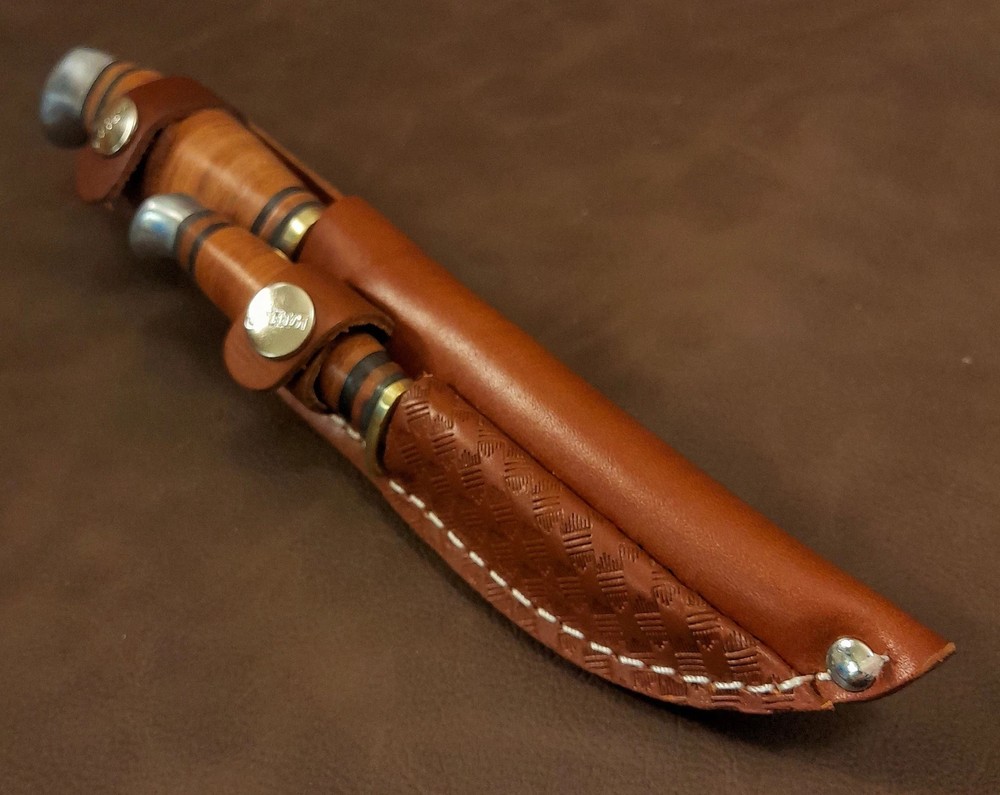 Marbles 2 Fixed Blade Stacked Leather Handle Hunting Set w/Dual Leather Sheath