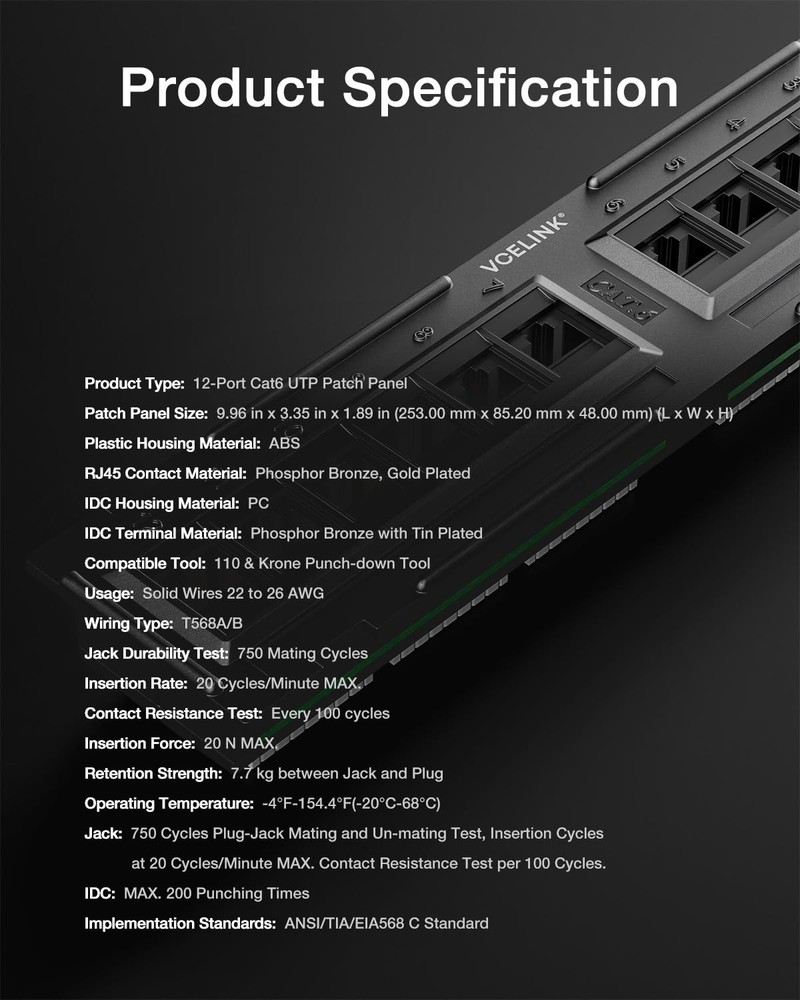 12-Port Cat6 Patch Panel 1000 Mbps for Home and Office Network Panel UTP with...