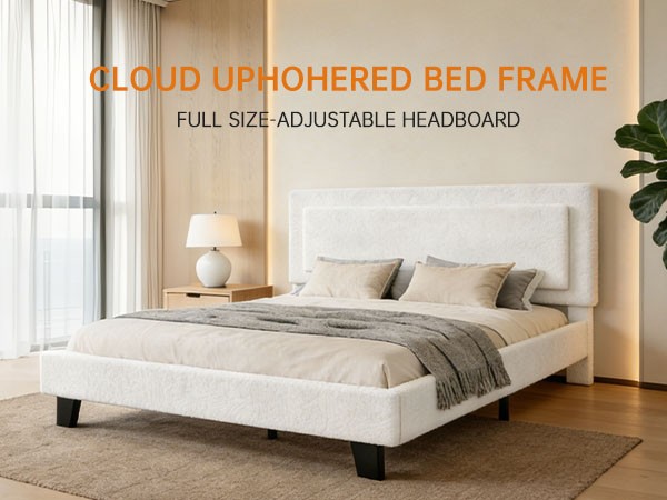 King Upholstered Bed Frame with Adjustable Headboard No Box Spring Needed Beige