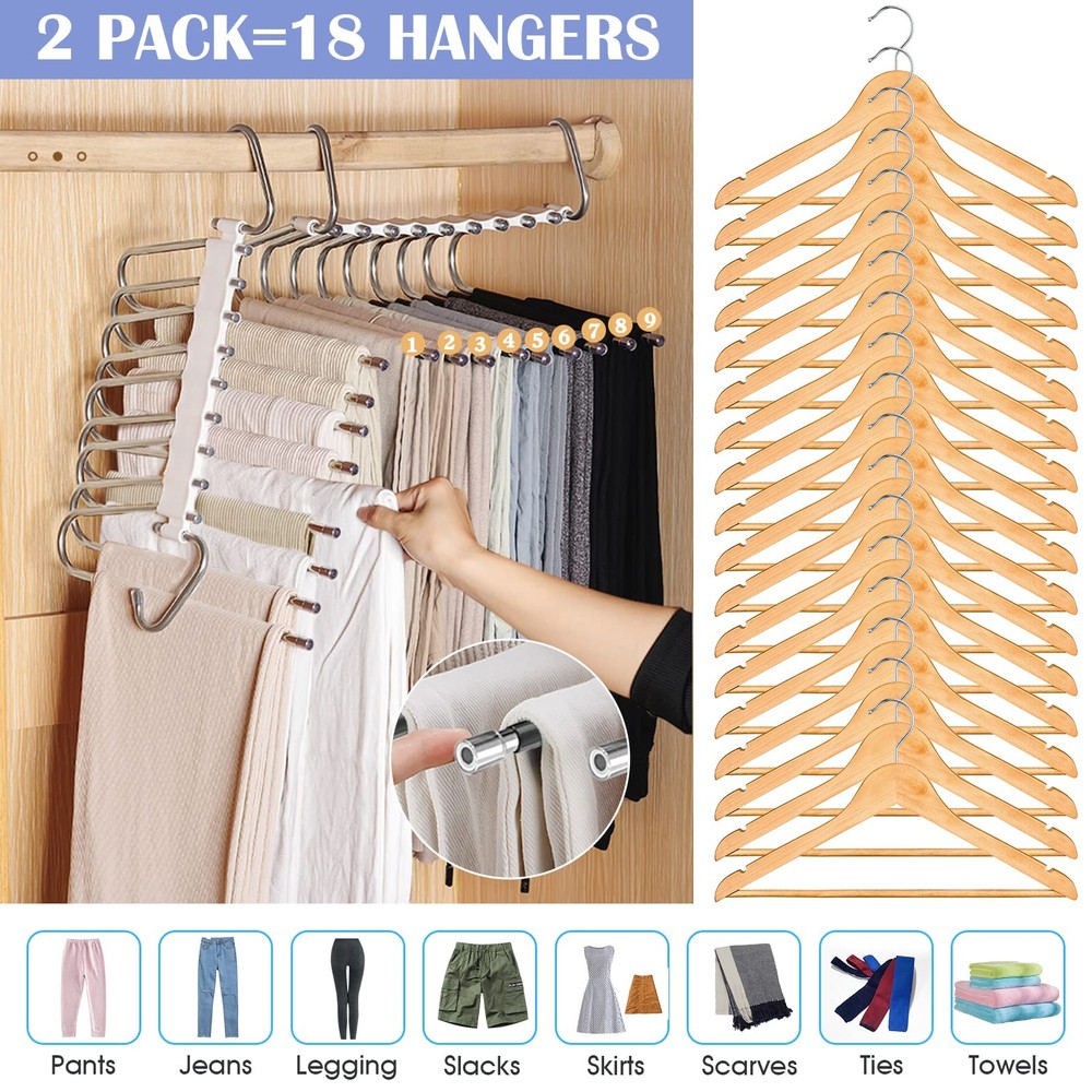 Upgrade 9 Layers Pants Hangers Space Saving, 2 Pack 2 Pack, Creamy White