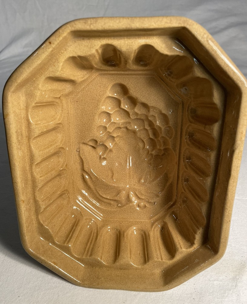 Yellow Ware Stoneware Octagon Shaped Grapes Design 8” X 6 1/2”