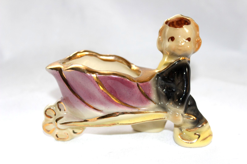 Shawnee Pixie Elf with Flower Leaf Wheelbarrow Pottery Planter GOLD Painted