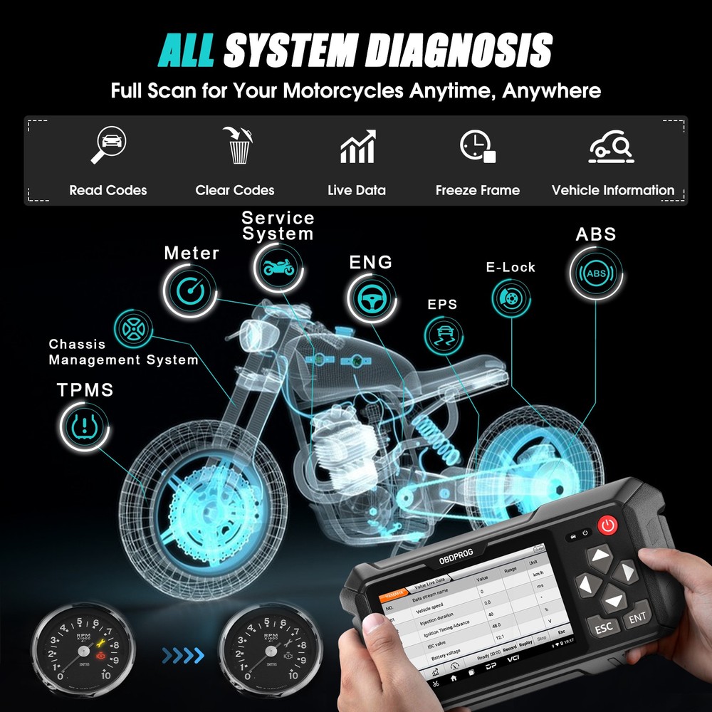 Motorcycle OBD2 Scanner All System Diagnostic Code Reader Idle Adjustment Reset