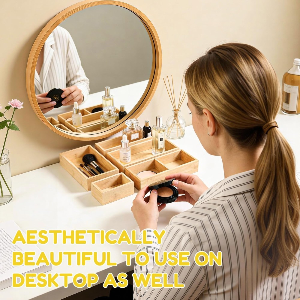 Bamboo Drawer Organizer, 5 Pcs Kitchen Drawer Organizer Set, Multi Purpose Ut...