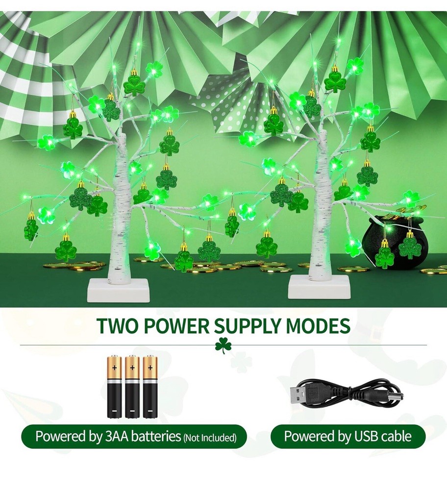 3-pk St Patricks Day Birch Tree 18in Light Up Table Top Artificial LED Tree