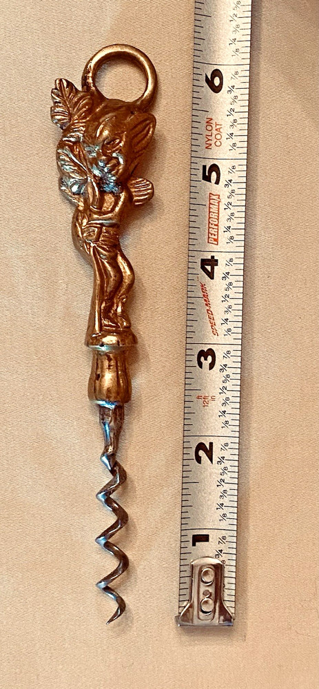 Vintage 1950's 4-Dimensional Brass PIXIE CORKSCREW with Hanging Ring