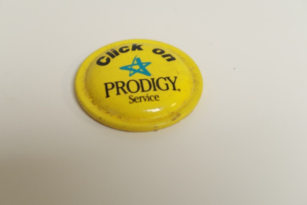 Vintage Yellow Button Click on Prodigy Service Button 1.5"