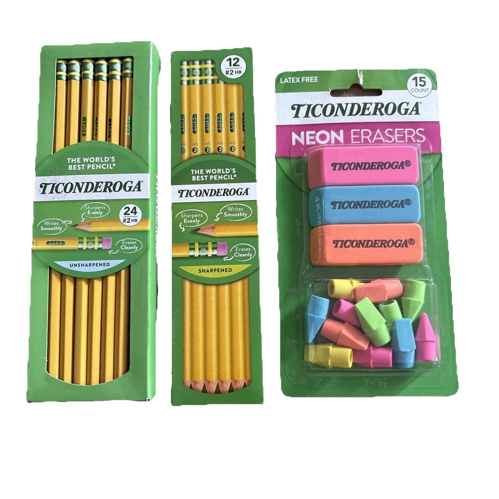 Dixon Ticonderoga #2 HB Pencils 24 Unsharpened + 12 Sharpened + Erasers