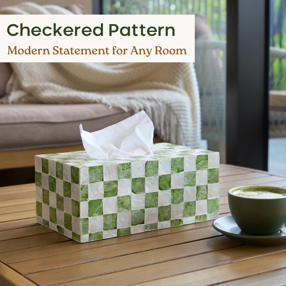 Rectangle Checkered Tissue Box Cover Handmade with Capiz Shells, Decorative T...