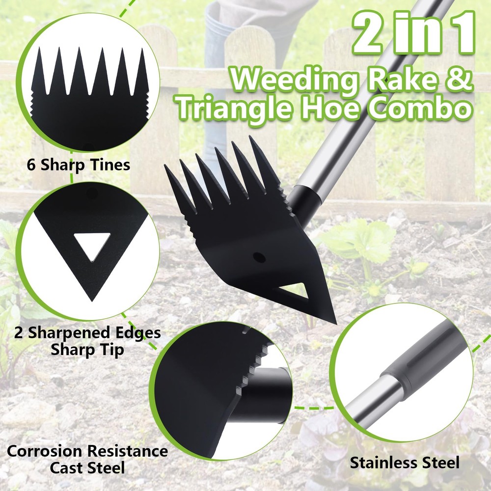 Weed Puller Tool with Long Handle, Hoe Garden Tool Weed Rake Combo for Weedin...