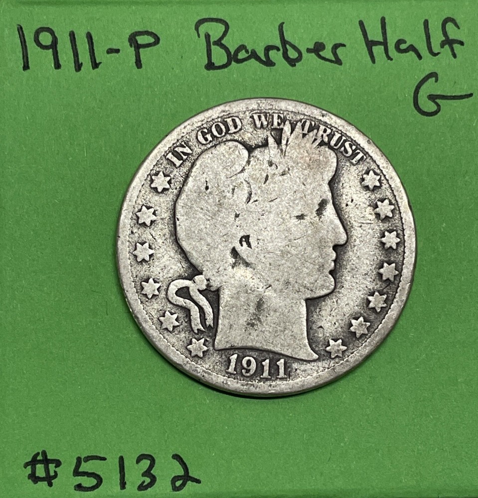 1911 Barber Half Dollar 50c 90% Silver Good