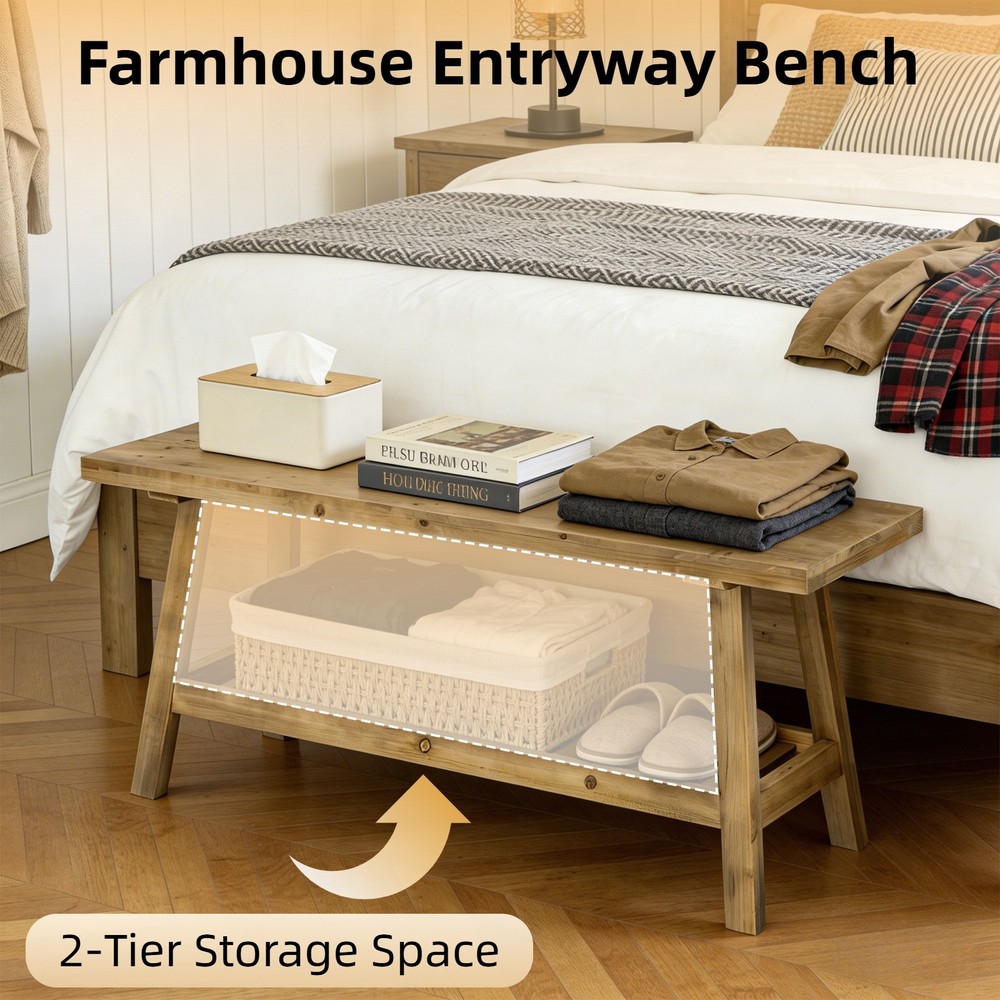43" Rustic Farmhouse Bench with 2-Tier Open Storage Shelf