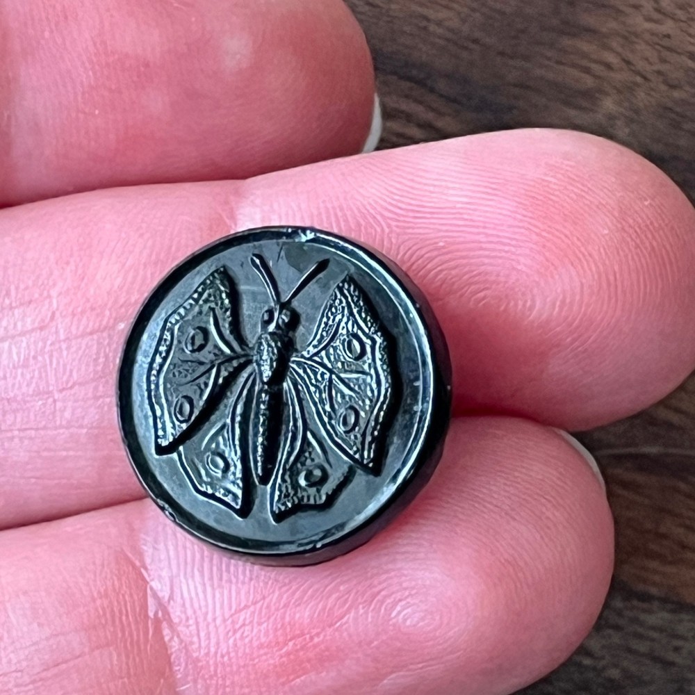 Antique Black Glass Butterfly Button 11/16”