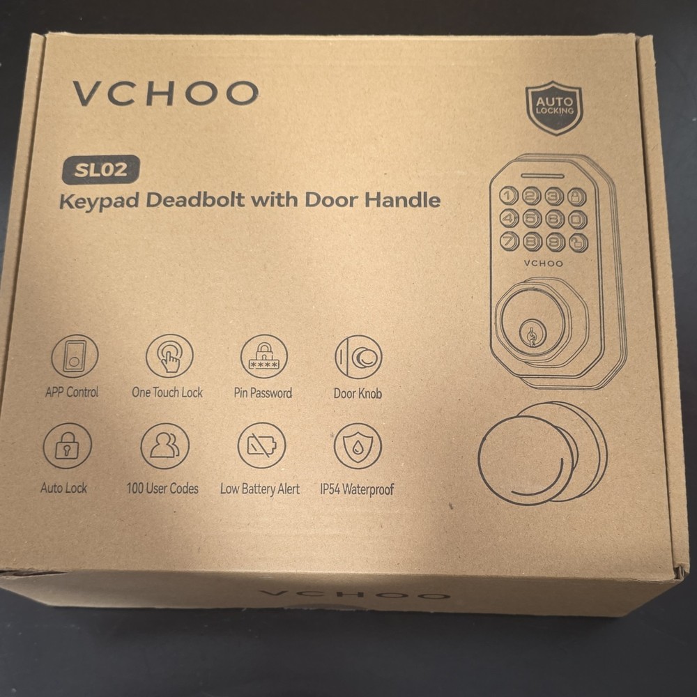 VCHOO SL02 Keypad Deadbolt Door Handle Black Matte, Auto Lock, App Control