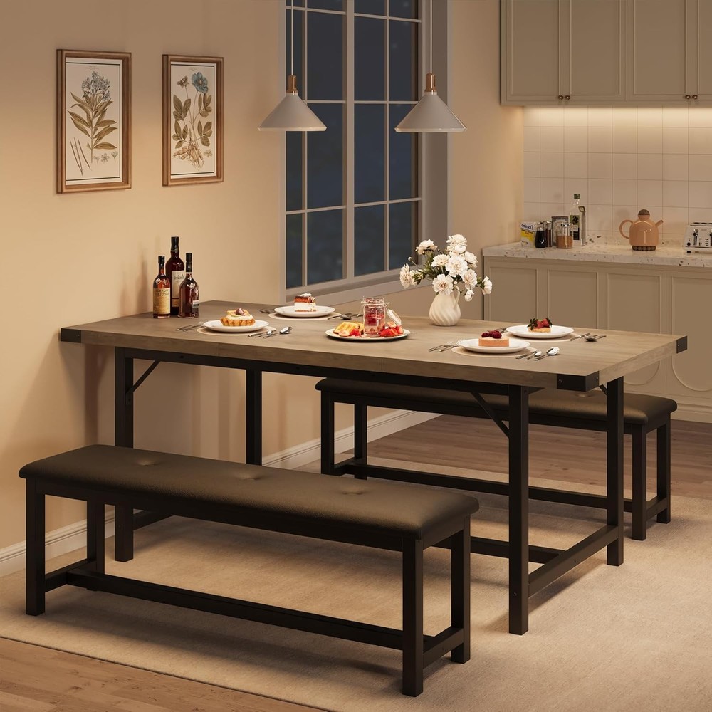 63 in Extendable Dining Table Set for 4-6 People 3-Piece Kitchen Table Set Gray