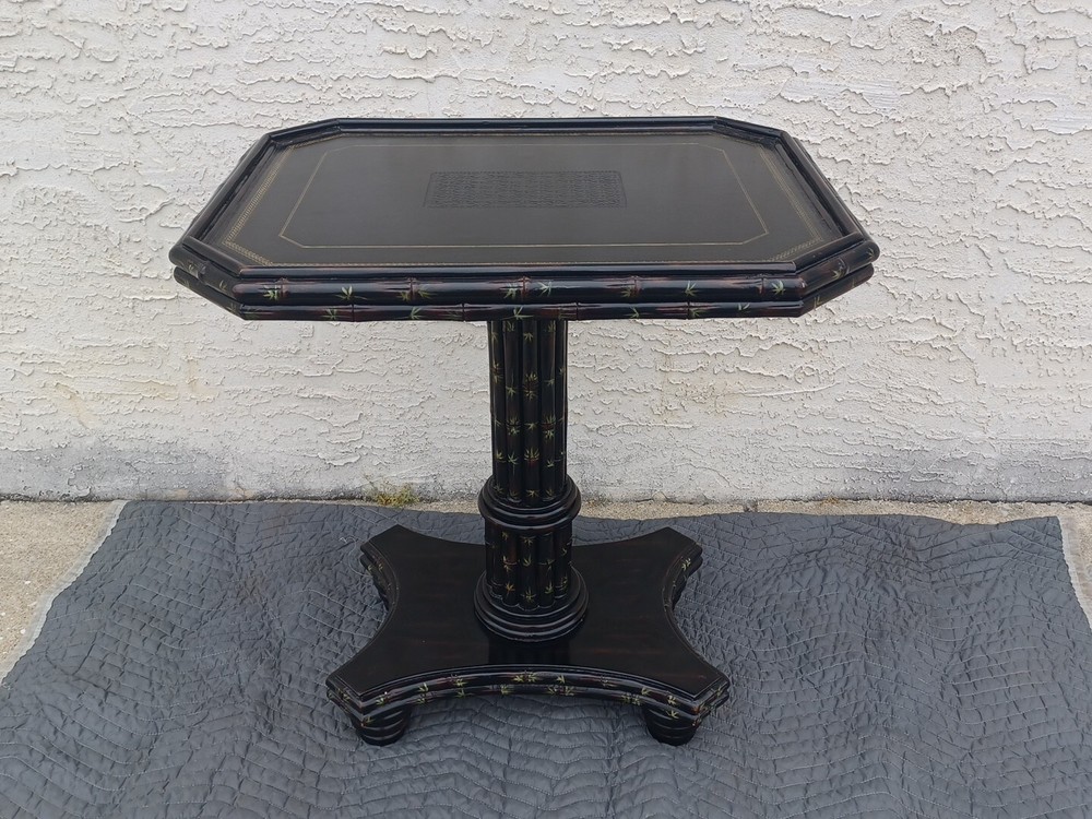 Maitland Smith Side Table Ebonized Faux Bamboo Leather Top Hand Painted Table