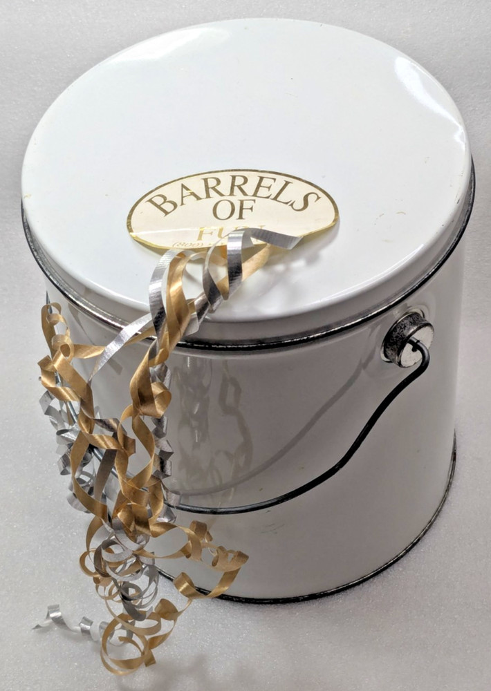 Barrels of Fun Empty White Popcorn /Cookie Tin