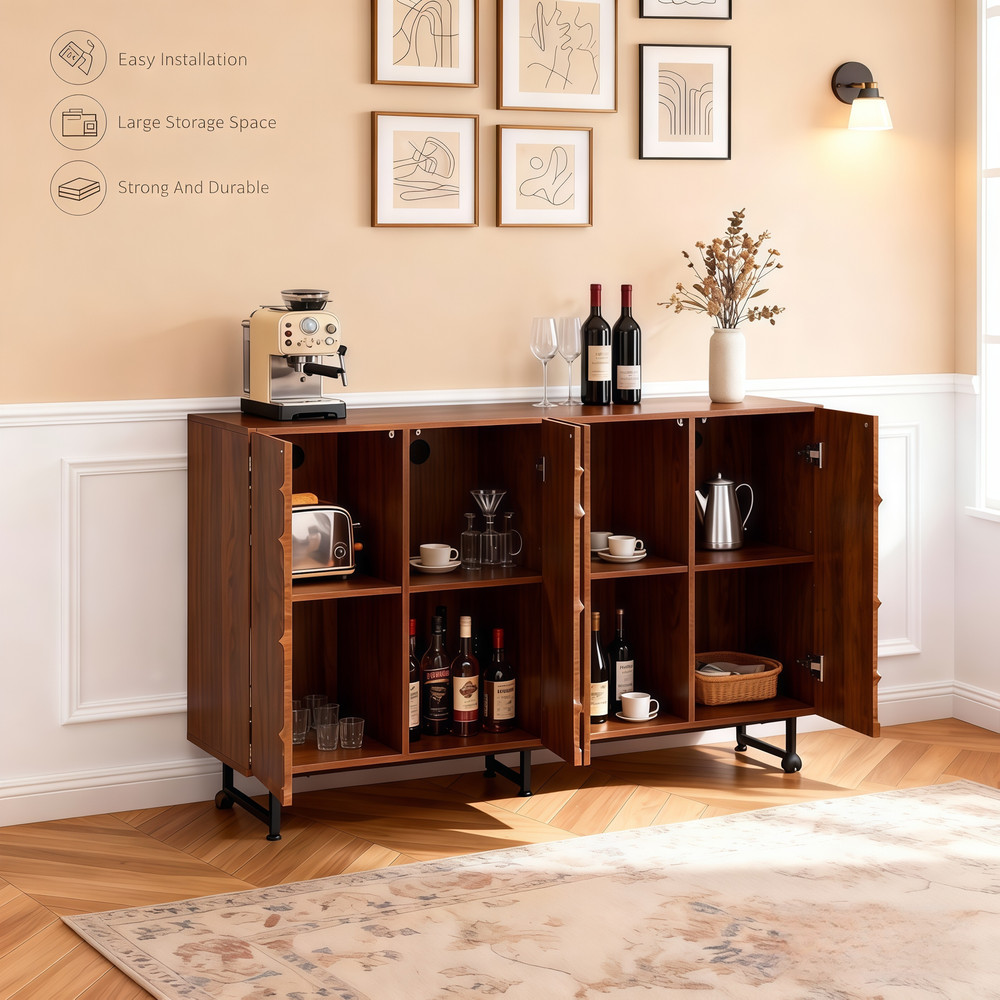 Modern Art Solid Wood Sideboard,59*16*35inch, Wave Relief Design, Walnut Textu