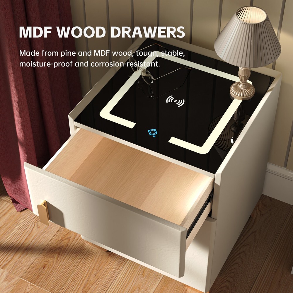 Off-white smart bedside table with safe, wireless charging + three-color light