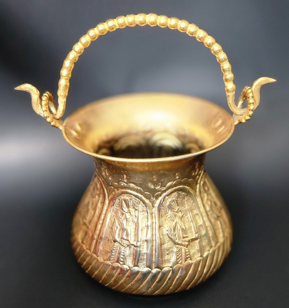 Vintage Solid Brass Bucket With Handle Hand Forged Engraved Middle Eastern