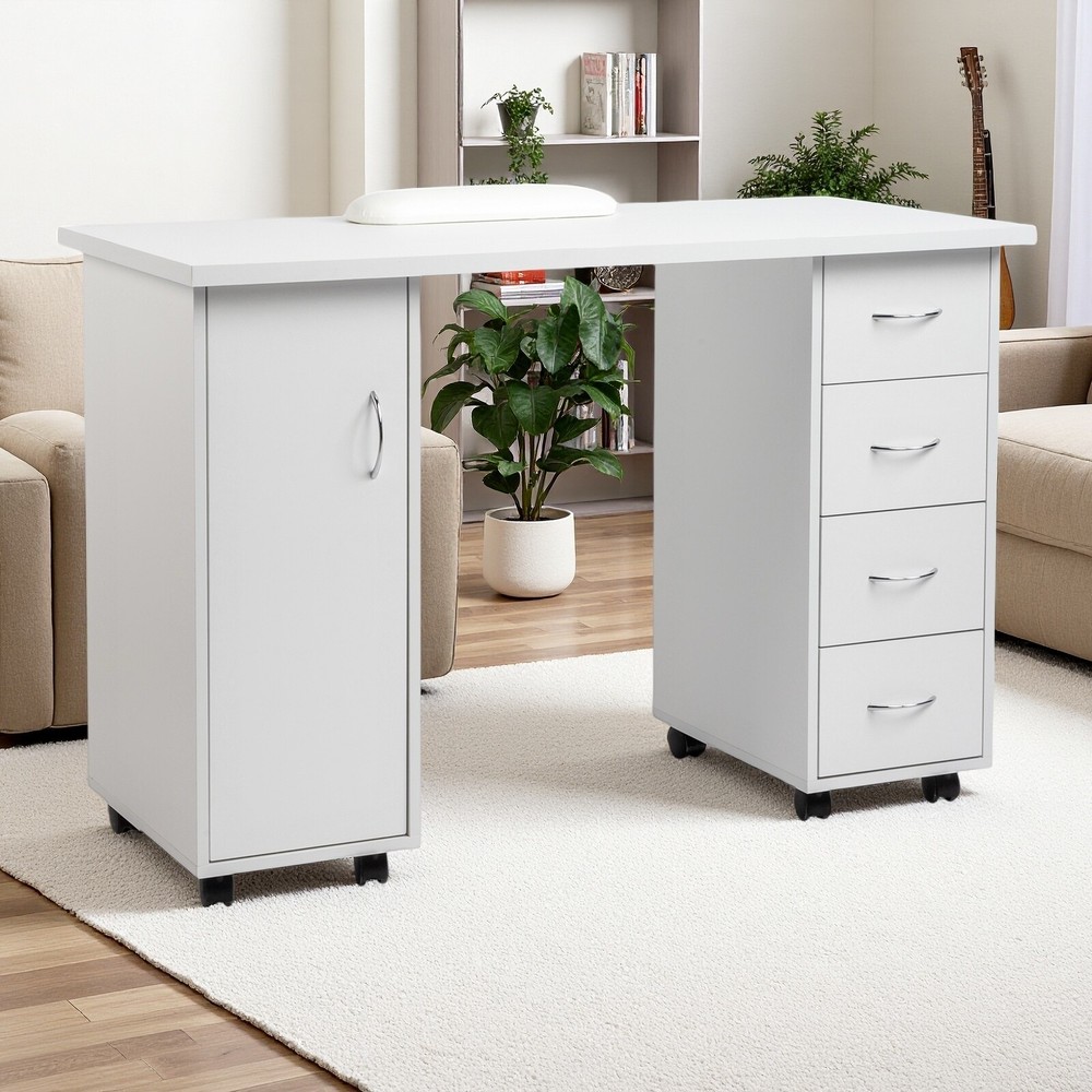 Rolling Computer Desk - White, 4-Drawer, 2 Shelves Storage & MDF ​Nail Table​