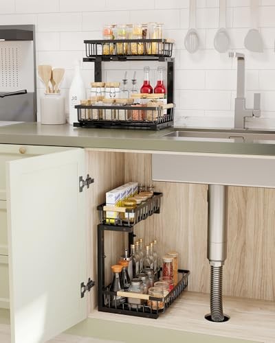 Under Sink Organizer for Bathroom Storage: Pull Out Storage 2 PACK Black