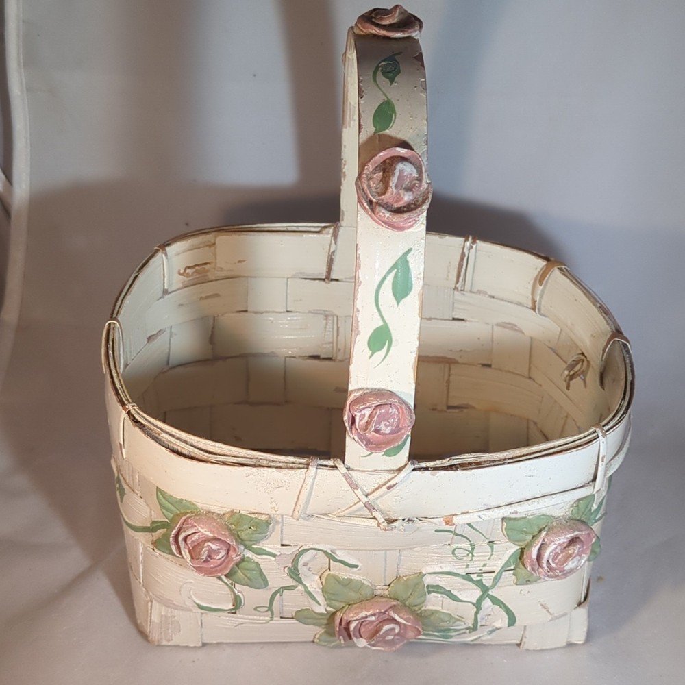 Ivory Rectangular Decorative / Easter Basket With Pink Rose Accents and Handle
